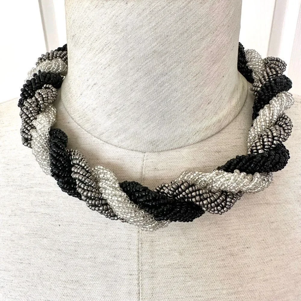 Black and grey twisted seed beaded Indonesian necklace